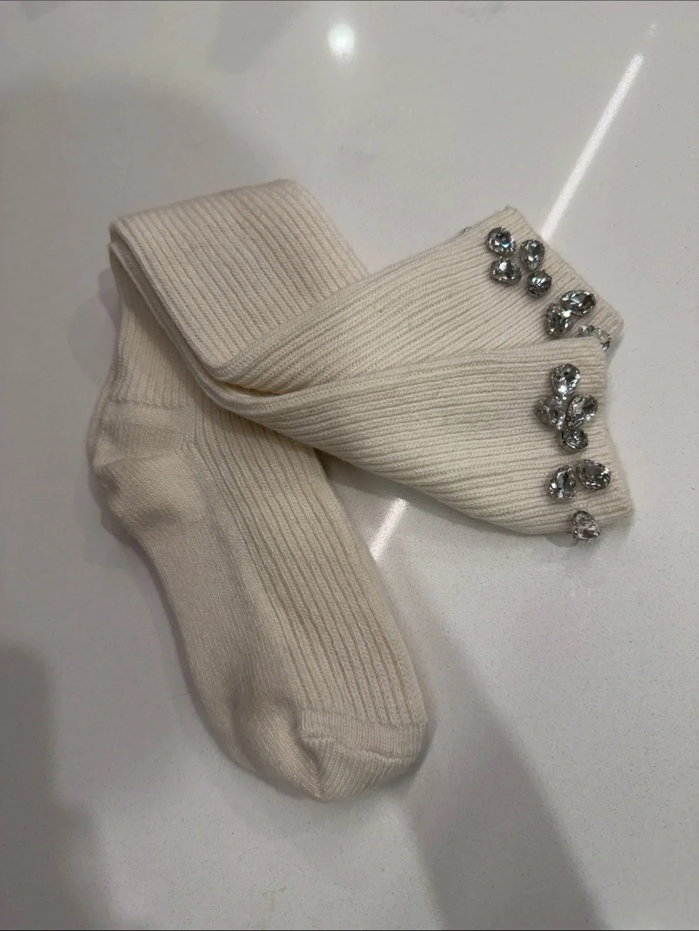 Maje New White, Ecru Long Knee High Socks With Rhinestone Embellished Size: OS